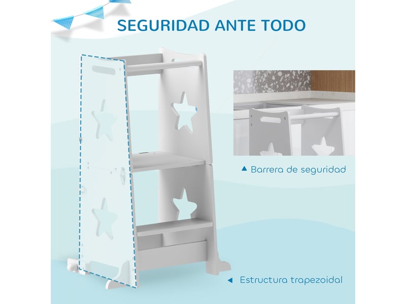 Tour d'apprentissage 2 en 1 transformable en table et chaise avec barre de sécurité 60 x 44,5 x 86 cm blanc - Conforama E