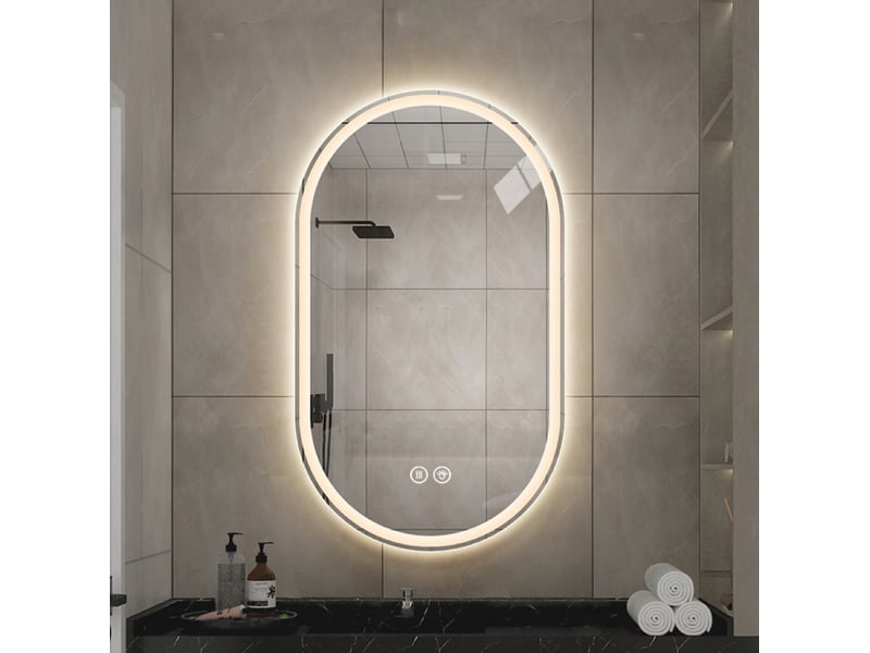  Miroir de salle de bains mural ovale 60 x 90 cm argenté en verre et métal, led tactile anti-buée réglable  - Conforama D
