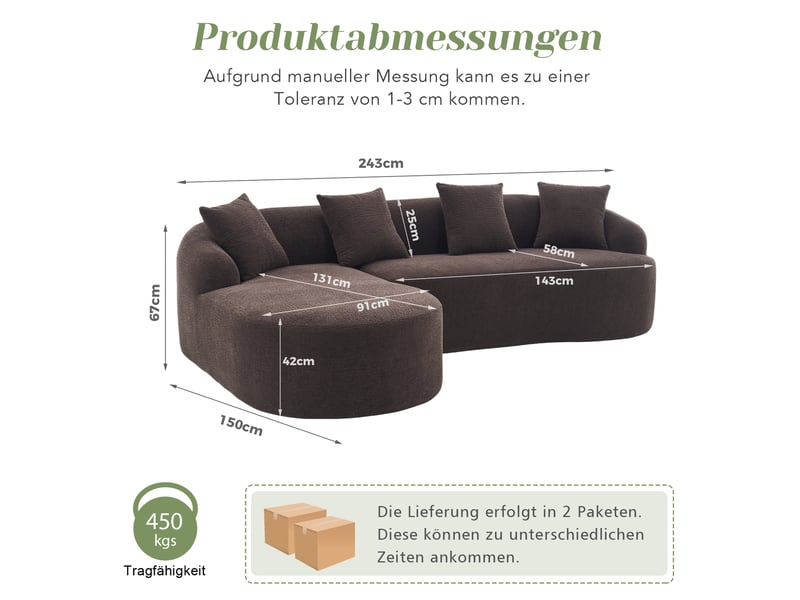  Canapé d’angle arrondi modulable 3 places en chenille marron, méridienne gauche  - Conforama C