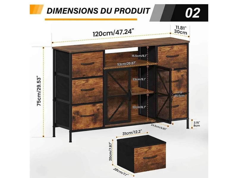 Meuble tv commode 120x30x75 cm six tiroirs tissu portes metal marron rustique - Conforama E