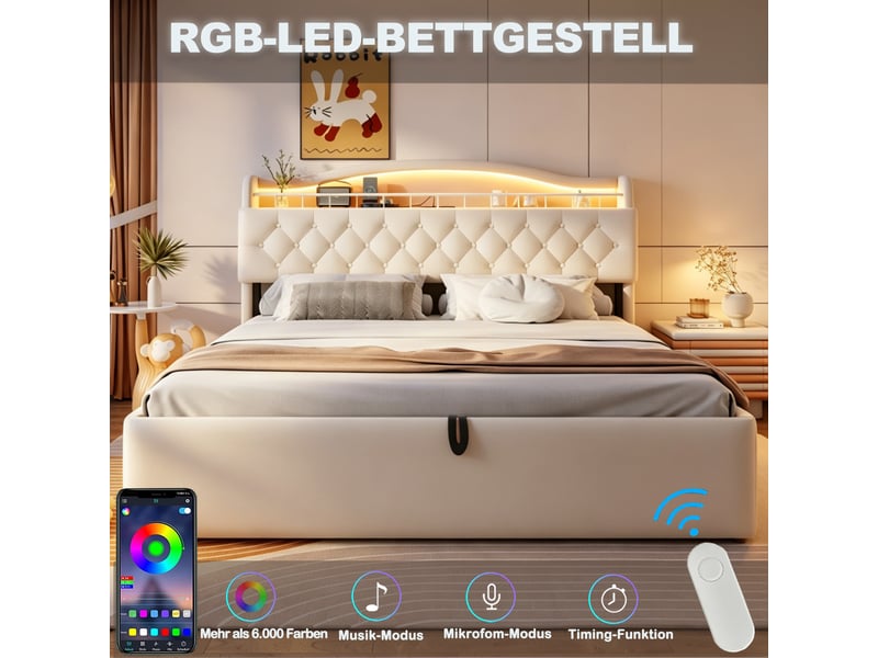  Lit coffre 140x200 cm - lit double rembourré avec rangement tête de lit, led, usb et usb-c - velours beige  - Conforama D