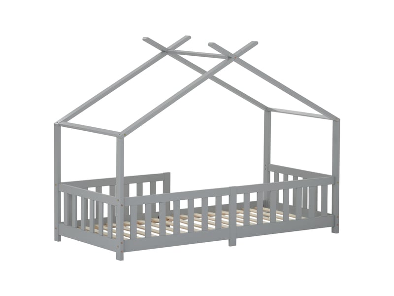  Lit enfant cabane 200x90 cm avec garde-corps et sommier à lattes, pin gris clair  - Conforama W