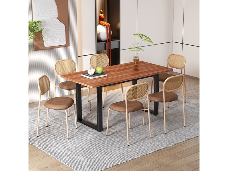  Lot de 2 chaises de salle à manger marron, dossier en rotin, assise pu et pieds métal  - Conforama D