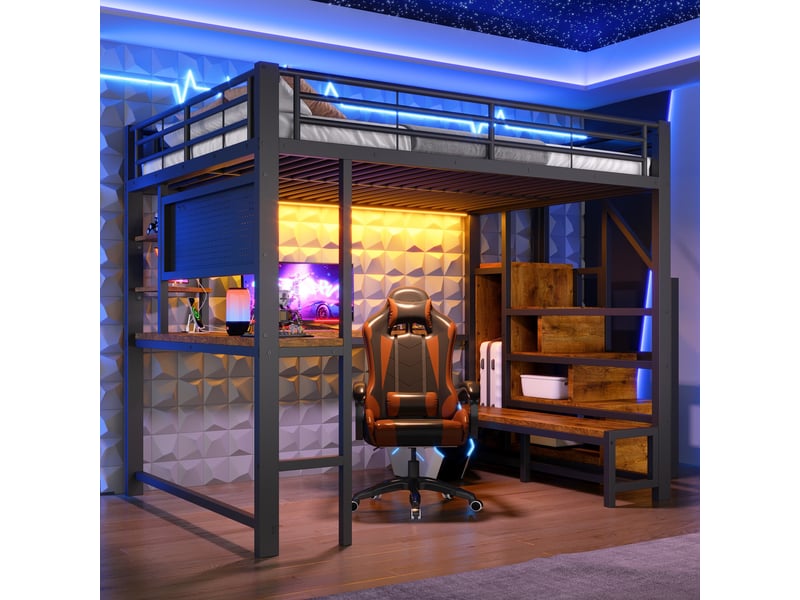  Lit mezzanine 140x200cm - lit haut en métal avec grand bureau en l, led, usb, panneau perforé &amp; escalier coffre - noir  - Conforama D