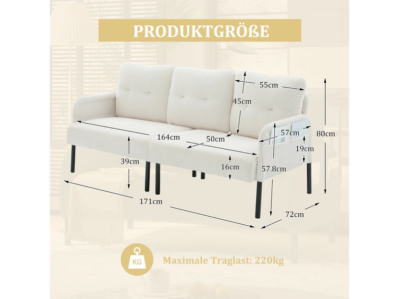  Canapé 3 places 171 x 72 x 80 cm, assise rembourrée, dossier haut, poches latérales, pieds en métal, velours côtelé, beige Seren Glow - Conforama C
