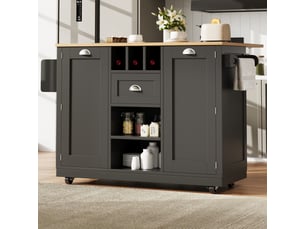 Desserte cuisine, îlot central sur roulettes avec plan de travail, plateau extensible, 1 tiroir, 2 portes, dimensions 140 x 40 x 93,5 cm, mdf, noir