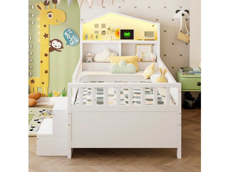  Lit enfant 90 x 200 cm blanc en bois, 4 tiroirs, marches de rangement, led, usb type-c et barrières  - Conforama B