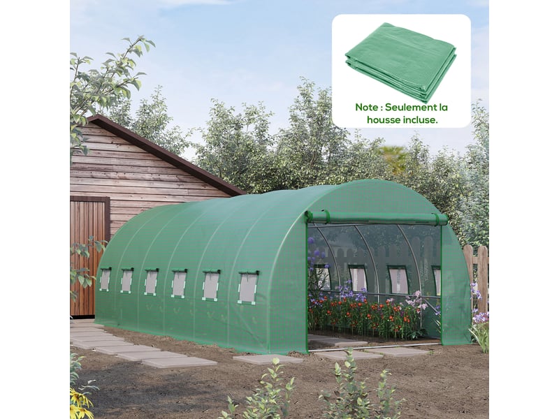  Bâche de rechange serre tunnel 18 m², bâche 6 x 3 x 2 m pe anti-uv imperméable 12 fenêtres + porte enroulable zippée vert  - Conforama C