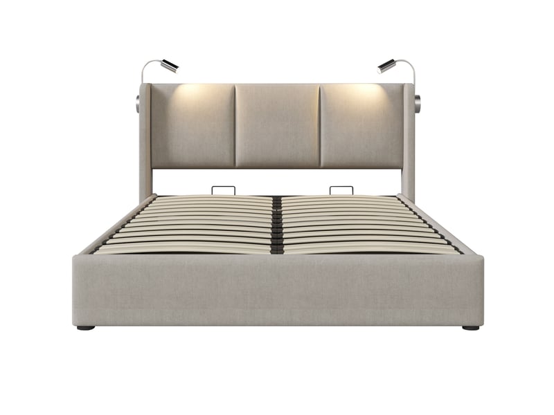 Lit coffre adulte 160x200 cm – beige – liseuses orientables, ports usb, sommier relevable – avec matelas - Conforama D