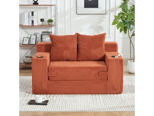 Canapé 2 places en velours côtelé avec pouf, 2 coussins, porte-gobelet et rangement latéral