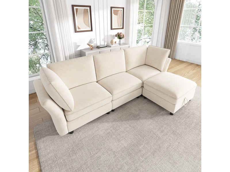  Canapé d’angle modulable 4 places 225 cm avec pouf de rangement, effet cloud, tissu chenille, assise moelleuse, beige  - Conforama B