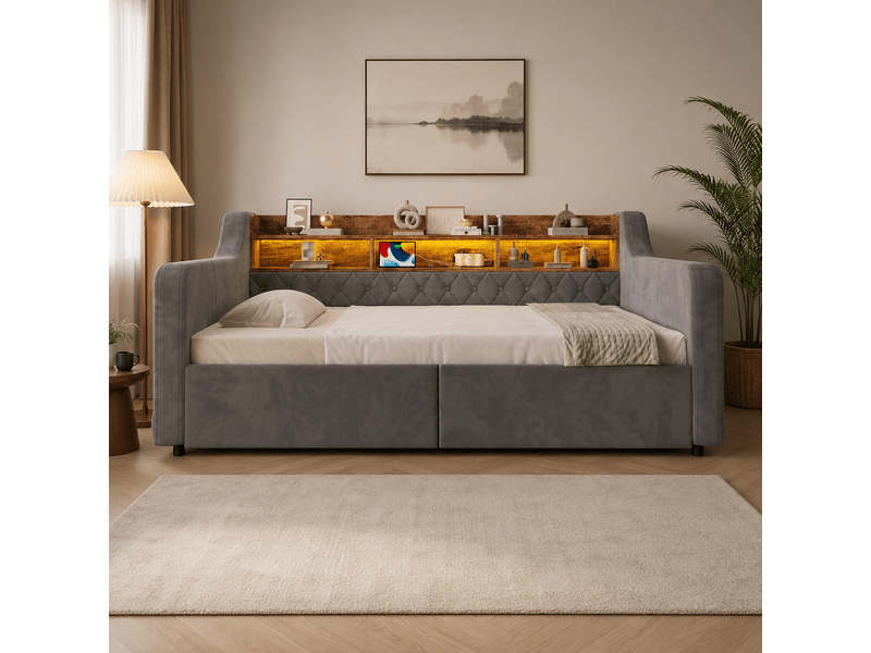  Lit simple 90x190 cm avec 2 tiroirs, led et ports de chargement en velours gris foncé  - Conforama D
