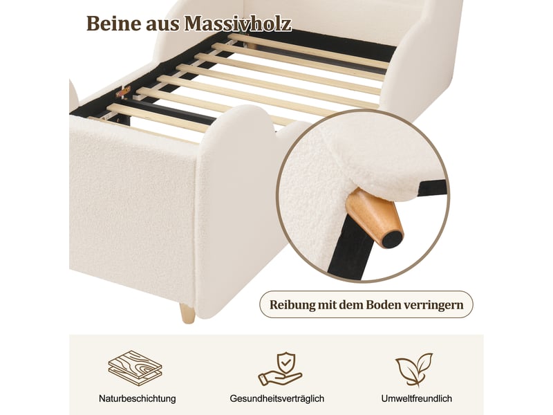  Lit enfant 90 × 200 cm 1 place avec barrière de sécurité, veilleuse, usb et type-c, sans matelas, beige bouclé  - Conforama E