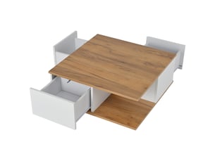 Table basse carrée avec 3 tiroirs et espace semi-ouvert, surface brillante, en panneau de particules, blanc noyer - uvrion