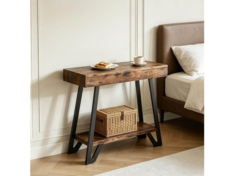  Table d'appoint l103 x p30 x h80 cm en mdf et métal à 2 niveaux noir et marron rustique chicfurn  - Conforama C