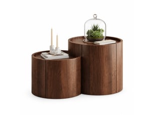 Table basse avec rangement, tiroirs intégrés et portes incurvées, décor noyer