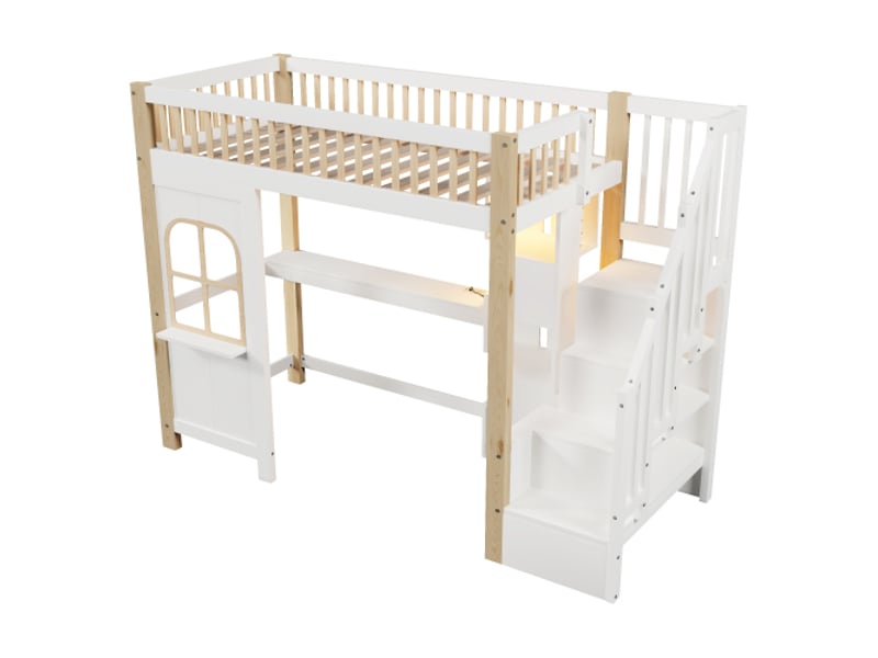 Lit mezzanine adulte 90x200 cm | bureau, led, fenêtre décorative et prises, sans matelas  - Conforama C