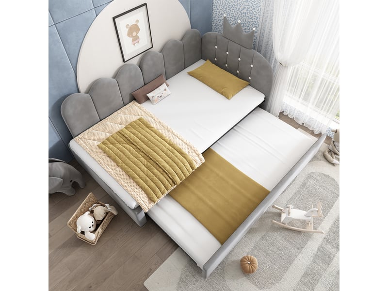  Lit gigogne gris avec tête de lit couronnée et sommier à lattes inclus  - Conforama R