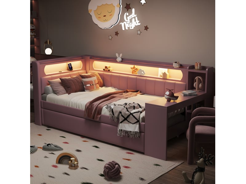  Modenvie lit banquette 90x200 cm - avec led, ports usb et lit gigogne - avec bureau intégré - rose  - Conforama E