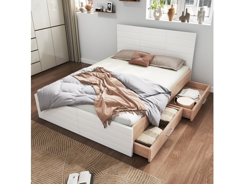 Lit double 160 x 200 cm blanc et chêne clair avec 2 tiroirs, sommier à lattes et matelas - Conforama D