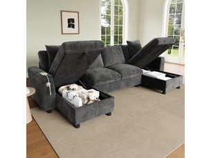 Canapé modulable panoramique fixe <strong>FLORAGRACE</strong> <strong></strong> 4 places Tissu gris avec coffre de rangement