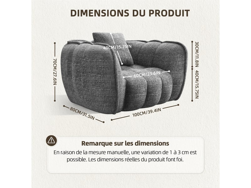  Lexzurn fauteuil fixe, pouf pour adulte,avec coussin,conception ergonomique,profondeur d'assise accrue 60 cm,adapté à de nombreux contextes,base antidérapante  - Conforama B