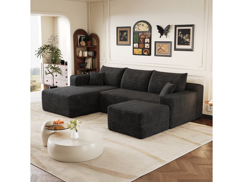  Canapé d'angle  modulaire ,4 places, avec méridienne en l, assise profonde ,241 × 151 ×58cm, noir  - Conforama D