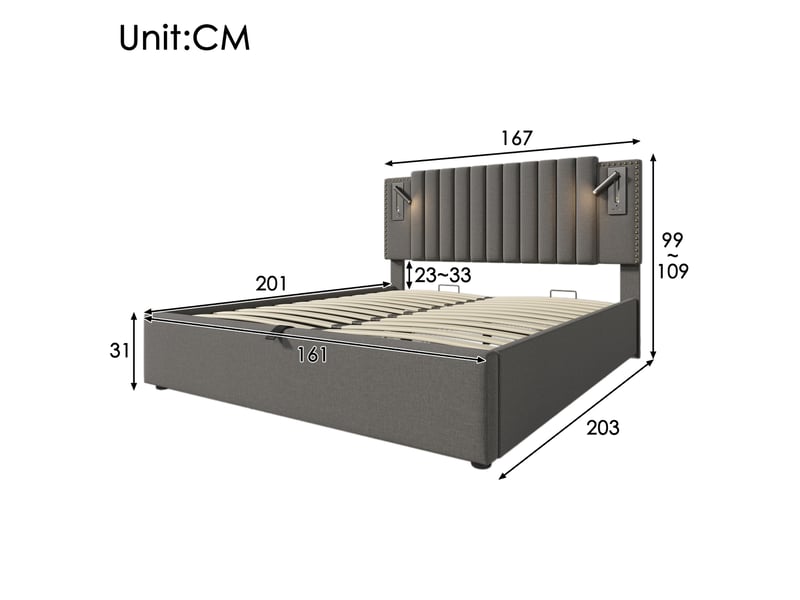  Lit coffre tcqpz 160 x 200 cm gris avec tête de lit réglable, liseuses intégrées, ports usb et usb-c, structure en acier  - Conforama C