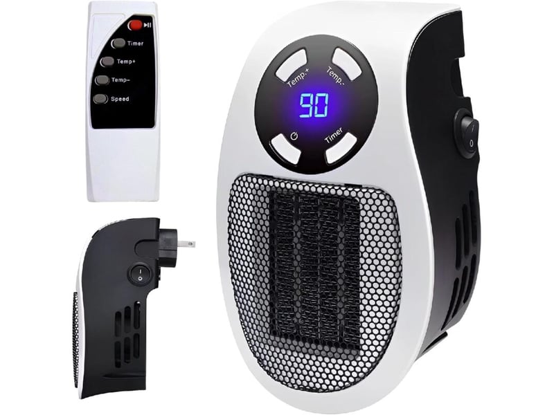  Chauffage prise 500w mural avec télécommande, 2 vitesses, thermostat et minuterie, multicolore PB376158 - Conforama A