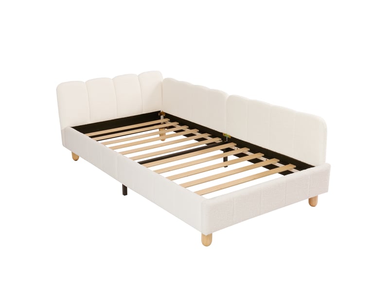 Lit enfant 90x200 cm, lit simple, tête de lit, barrière, poches, meuble de chambre, tissu bouclé, beige, sans matelas  - Conforama R