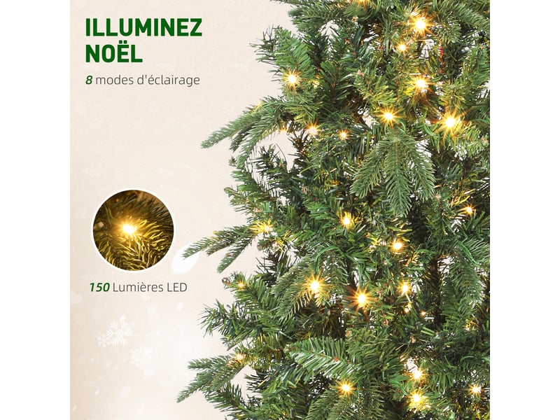  Sapin de noël artificiel 150 cm, arbre de noël slim avec 150 lumières 8 modes d'éclairage 431 branches articulées, vert  - Conforama E