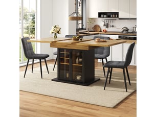 Table extensible 110-140x80x76 cm pour 4-6 personnes, range-bouteilles amovible et porte en verre trempé, mdf, noir
