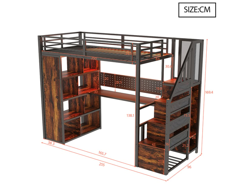 Lit enfant 90x200 cm avec éclairage led, lit mezzanine en métal avec armoire et bureau, lit simple, lit 1 personne, noir  - Conforama W
