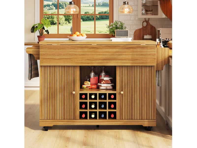  Desserte de cuisine avec plateaux rabattables, étagères réglables et porte-bouteilles, 142,5 × 80 × 95 cm  - Conforama C