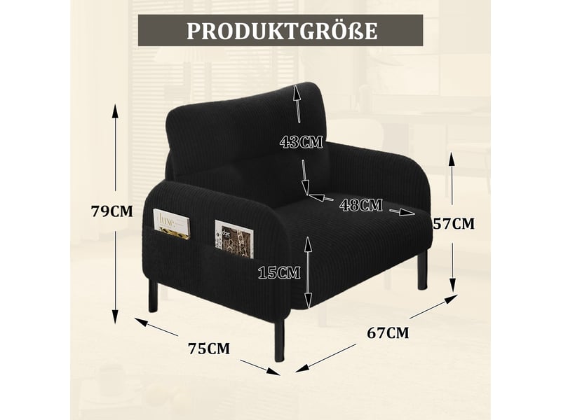  Fauteuil 1 place 67x75 cm avec poches latérales, velours côtelé noir Morn Vibe - Conforama E