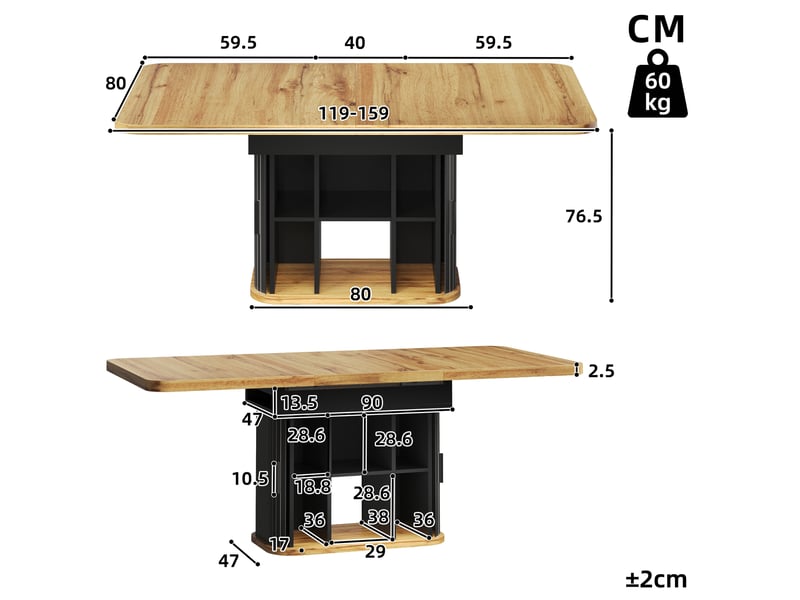  Table à manger extensible 119-159x80x76,5 cm, 2 portes coulissantes et de 6 compartiments, 4 à 6 personnes - noir  - Conforama C