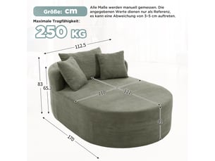 Fauteuil relax velours côtelé, fauteuil ovale vert sans montage, assise profonde 122 cm, design minimaliste pour salon et chambre.