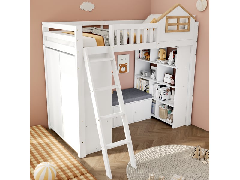  Lit mezzanine combiné modenvie 90 x 200 cm blanc et naturel avec armoire, étagères et banquette  - Conforama E