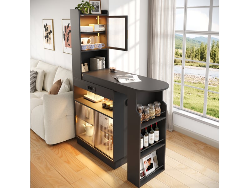  Table bar extensible avec rangement 131-170 x 40 x 170 cm – noir – éclairage led, prises usb et usb-c  - Conforama E