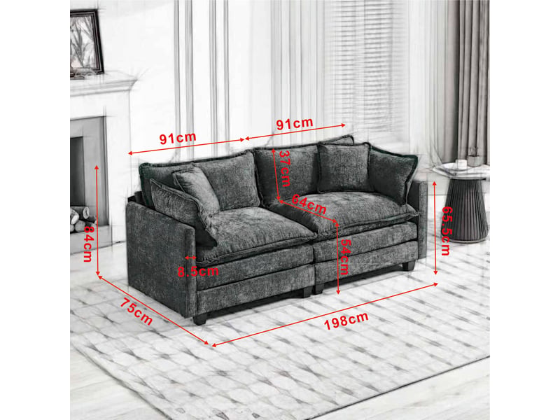 Canapé 2 places en tissu chenille bleu, assise rembourrée double couche et coussin de dossier pour salon ,pouf non inclus - Conforama C