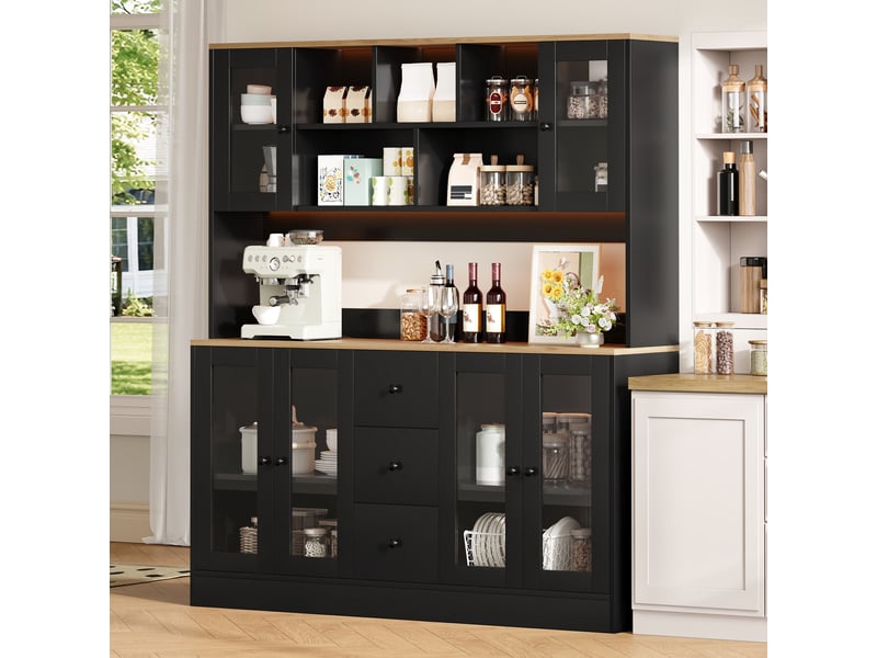  Colonne cuisine 150x40x173 cm, armoire haute avec led et prises, rangement avec 6 portes acrylique et 3 tiroirs, vitrine pour salon et salle à manger  - Conforama E