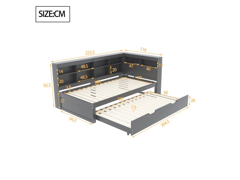  Lit gigogne 90x200 + 90x190 cm avec rangements et port usb, pin gris, sans matelas  - Conforama C