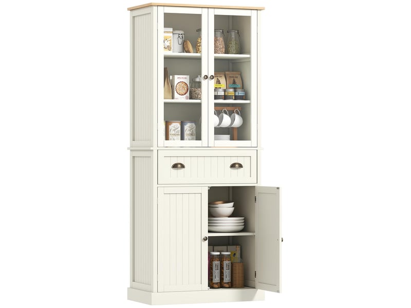  Buffet meuble de cuisine haut 4 portes 1 tiroir armoire de rangement vitrine étagères réglables 182,5 cm beige  - Conforama A