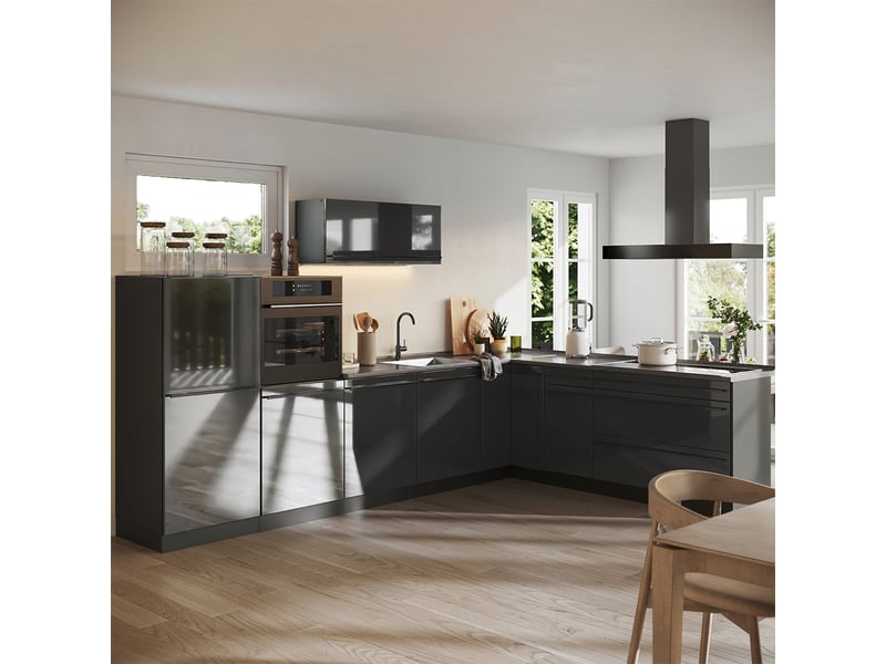  Vicco cuisine en angle, anthracite haute brillanceanthracite, 327 x cm plan de travail anthracite  - Conforama C
