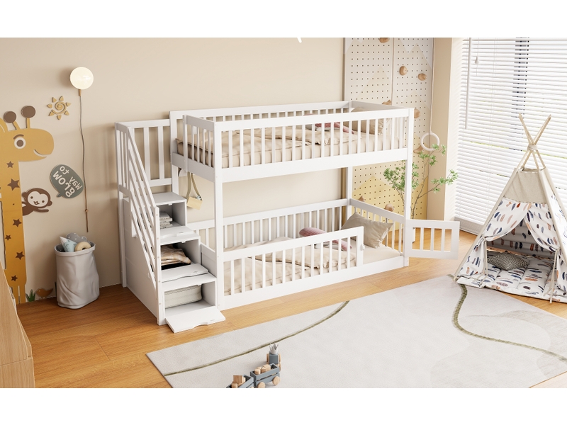  Lit superposé 90 × 200 cm, escalier avec tiroirs de rangement, portillon inférieur, en bois massif et mdf, blanc  - Conforama B