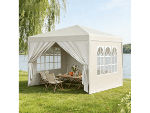 Tonnelle pliante de jardin 300x300 cm beige en tissu oxford, avec parois latérales et 2 portes zippées