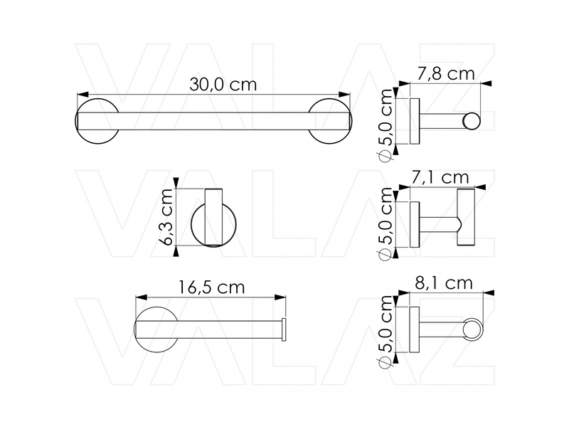 Valaz accessoires de salle de bain chromés: porte-serviettes 30 cm + cintre + porte-papier toilette - 1, gris ACC001-1PERCHA - Conforama B