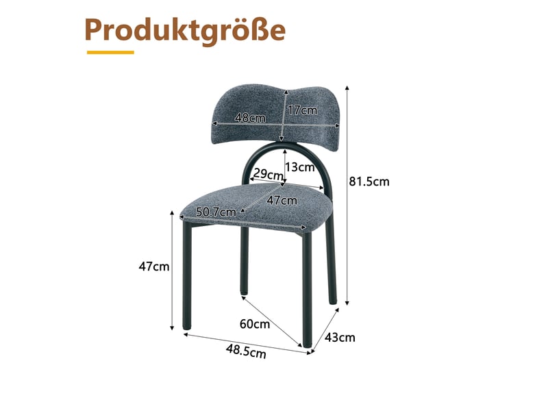  Lot de 2 chaises de salle à manger 50,7x47 cm – bleu – assise et dossier rembourrés, piètement métal noir  - Conforama C