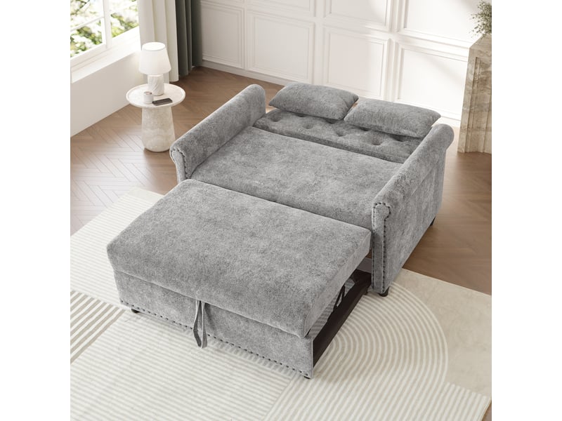  Canapé convertible 3-en-1 2 places 120 x 80 x 82 cm avec dossier 3 positions, lit gigogne et 2 coussins, chenille, mousse et bois, gris OMNIGLINT TRADING LTD - Conforama E