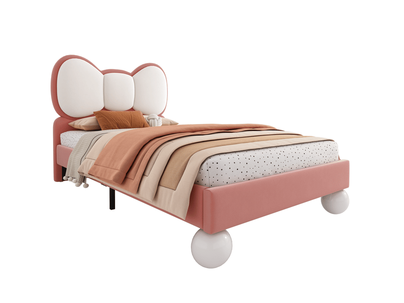  Lit enfant 90x200 cm en velours beige et rose avec led réglable  - Conforama A